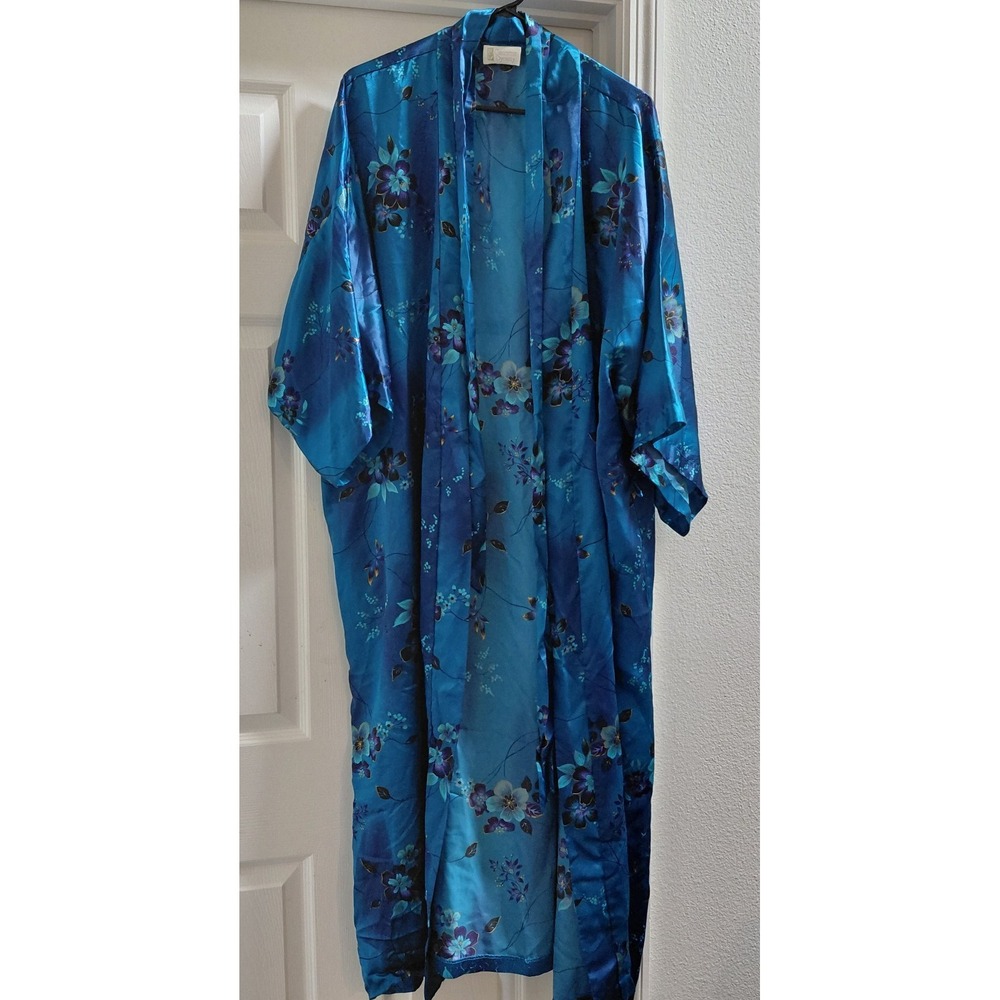 California Dynasty 3X 26W 28W Blue Floral Satin Kimono Robe w/ Belt Plus Size